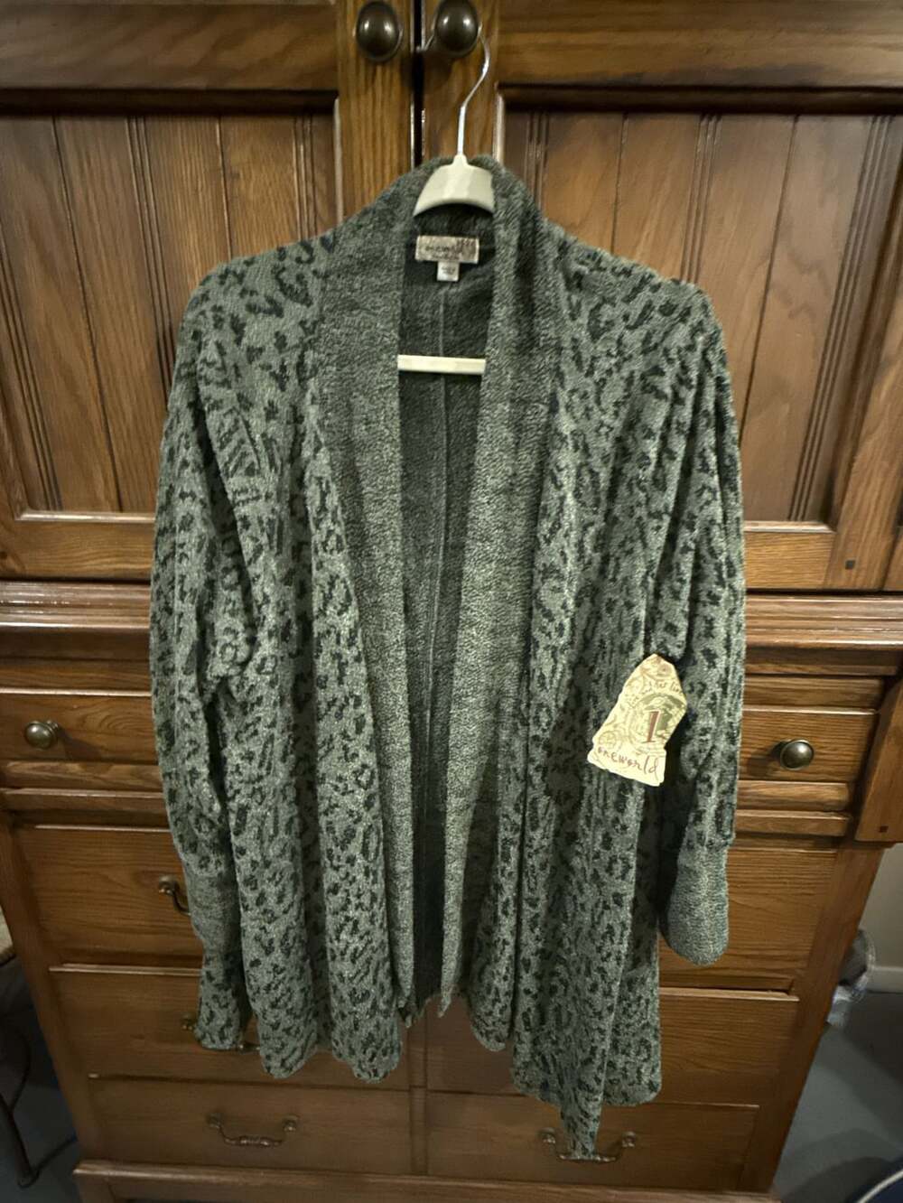 Oneworld Animal Print Open Cardigan Size 2X Green Black Sweater